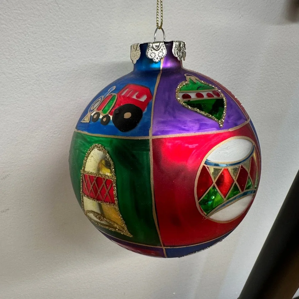 Hand Painted Glass Christmas‎ Patchwork Ornament Multi Color Glitter Train Bell